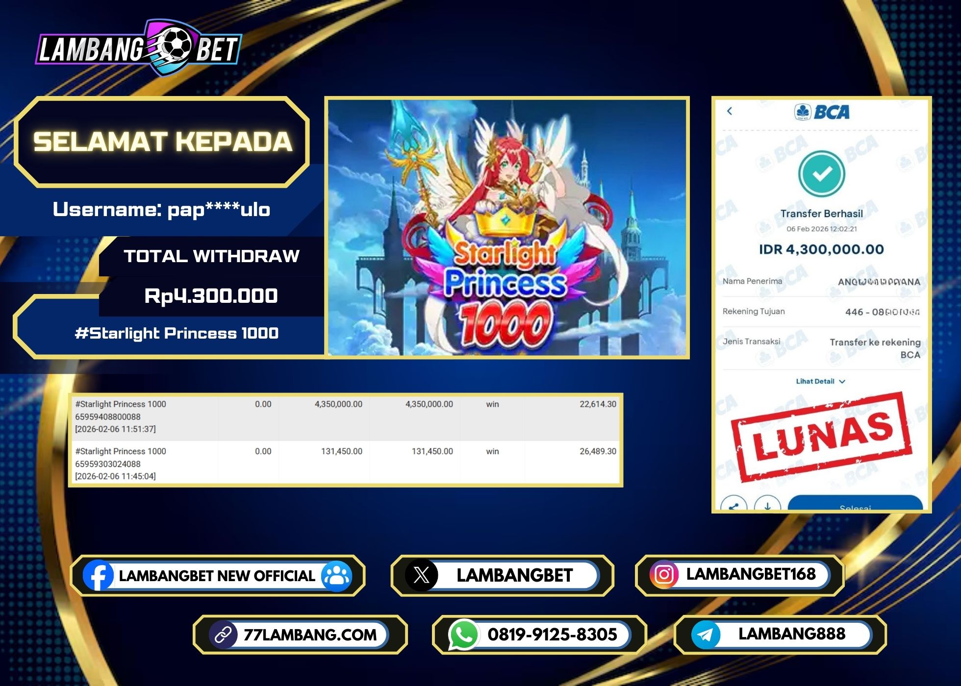 LAMBANGBET [6 FEBRUARI 2026] JACKPOT SLOT Starlight Princess 1000 "Rp4.300.000" LUNAS